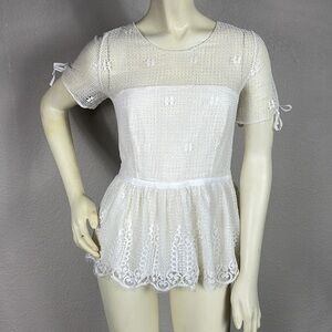 Luba by Hannah Payne Mesh Lace Peplum Babydoll Top Blouse Feminine Bridal White